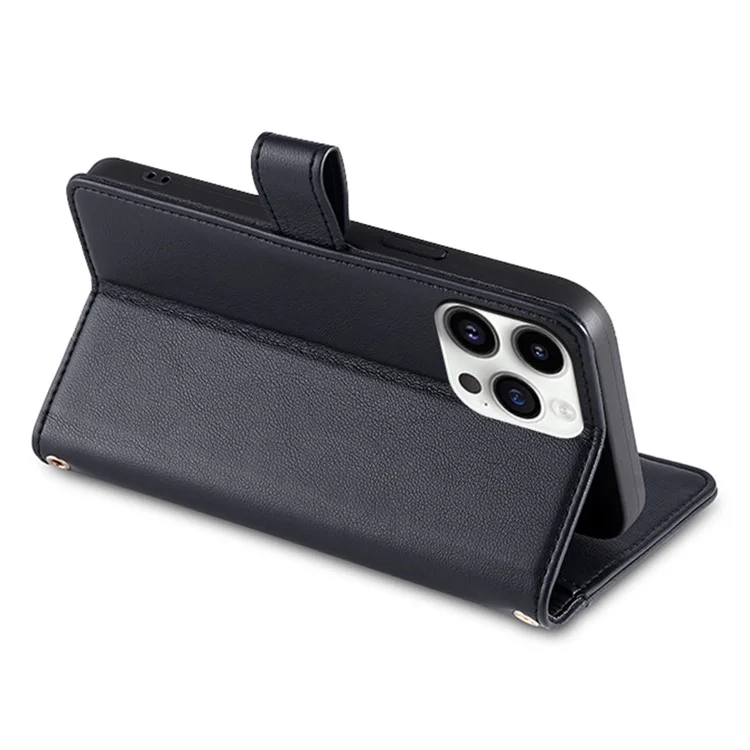 Pour iPhone 14 Pro Textured PU Leather Multiple Card Slots Stand Cover Zipper Pocket Flip Wallet Phone Case with Wrist Strap and Shoulder Strap - Noir