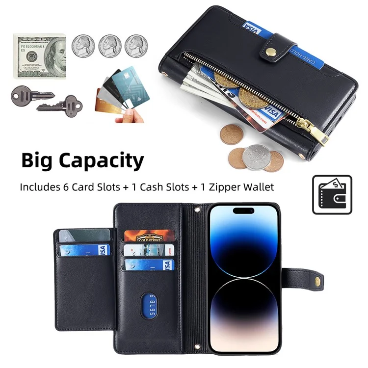 Pour iPhone 14 Pro Textured PU Leather Multiple Card Slots Stand Cover Zipper Pocket Flip Wallet Phone Case with Wrist Strap and Shoulder Strap - Noir