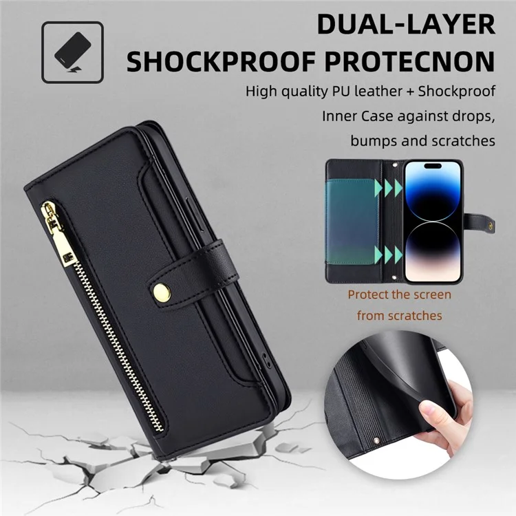 Pour iPhone 14 Pro Textured PU Leather Multiple Card Slots Stand Cover Zipper Pocket Flip Wallet Phone Case with Wrist Strap and Shoulder Strap - Noir