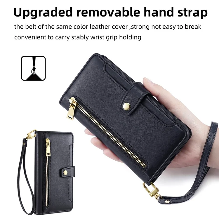 Pour iPhone 14 Pro Textured PU Leather Multiple Card Slots Stand Cover Zipper Pocket Flip Wallet Phone Case with Wrist Strap and Shoulder Strap - Noir