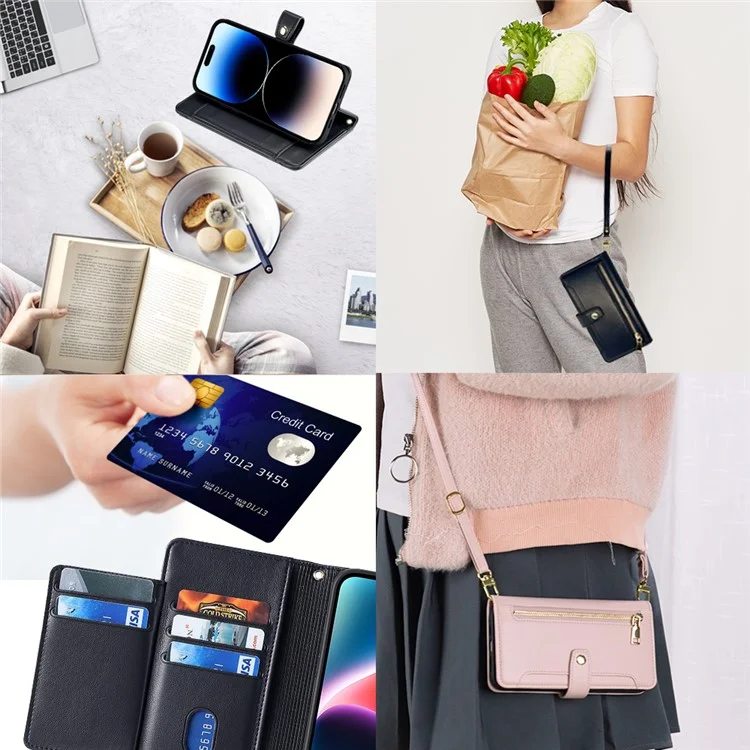 Pour iPhone 14 Pro Textured PU Leather Multiple Card Slots Stand Cover Zipper Pocket Flip Wallet Phone Case with Wrist Strap and Shoulder Strap - Noir