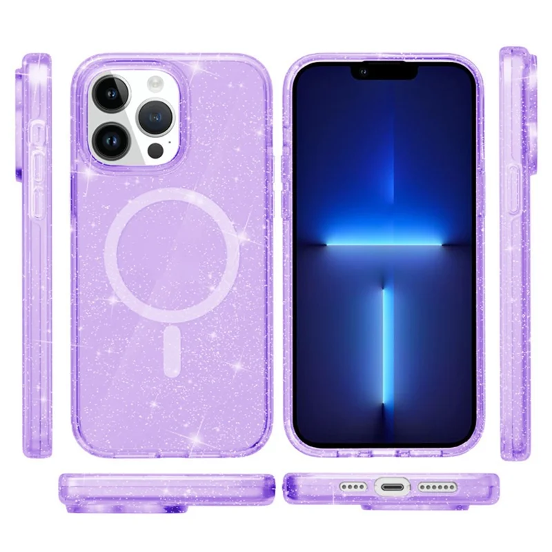 Voor iPhone 13 Pro Max hoesje compatibel met MagSafe Sparkle Glitter PC + TPU telefoonhoes - Paars