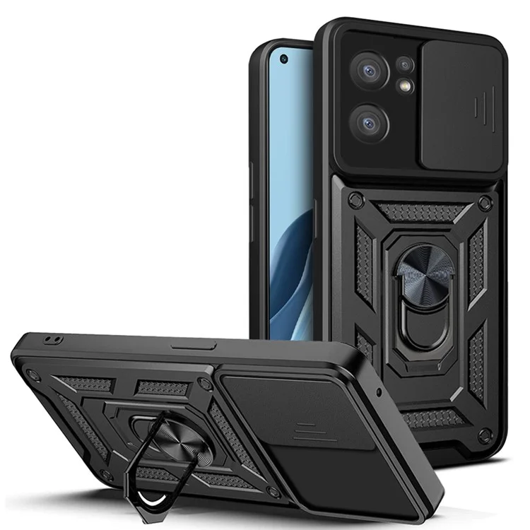 Para Oppo Reno7 5G (Global) Protector de Cámara a Prueba de Golpes TPU + Carcasa PC con Anillo Soporte Deslizante Anti-Arañazos Cubierta Posterior - Negro