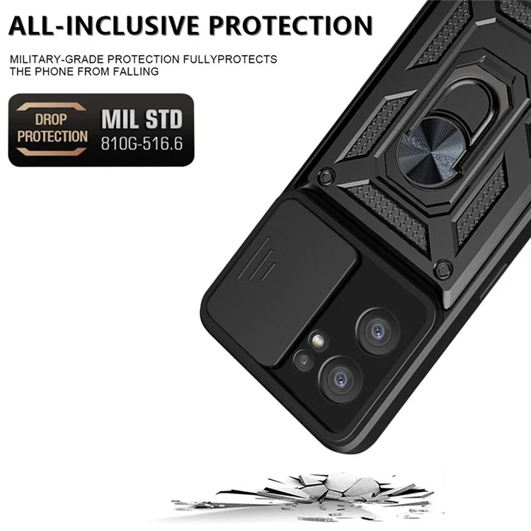 Para Oppo Reno7 5G (Global) Protector de Cámara a Prueba de Golpes TPU + Carcasa PC con Anillo Soporte Deslizante Anti-Arañazos Cubierta Posterior - Negro