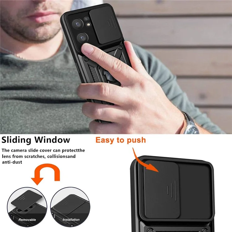 Para Oppo Reno7 5G (Global) Protector de Cámara a Prueba de Golpes TPU + Carcasa PC con Anillo Soporte Deslizante Anti-Arañazos Cubierta Posterior - Negro