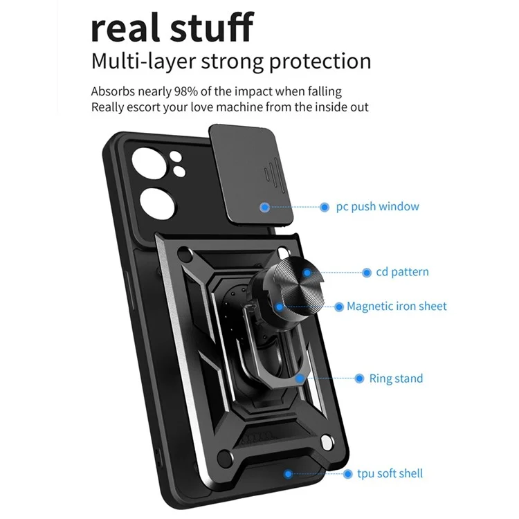Para Oppo Reno7 5G (Global) Protector de Cámara a Prueba de Golpes TPU + Carcasa PC con Anillo Soporte Deslizante Anti-Arañazos Cubierta Posterior - Negro