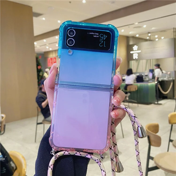 Per Samsung Galaxy Z Flip3 5G Case Gradient Color TPU Phone Cover con Cordino - Blu+Rosa