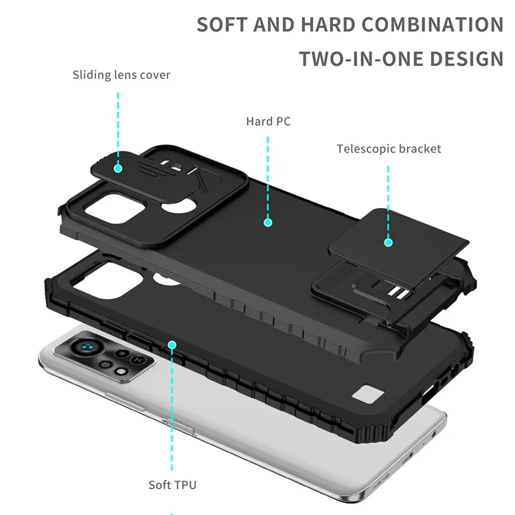 Para Infinix Hot 11s NFC 4G Slide Camera Protection Anti-Fall Cell Phone Shell Kickstand PC + TPU Hybrid Cover Phone Case - Preto