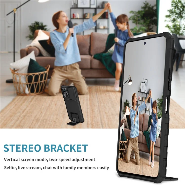 Para Infinix Hot 11s NFC 4G Slide Camera Protection Anti-Fall Cell Phone Shell Kickstand PC + TPU Hybrid Cover Phone Case - Preto