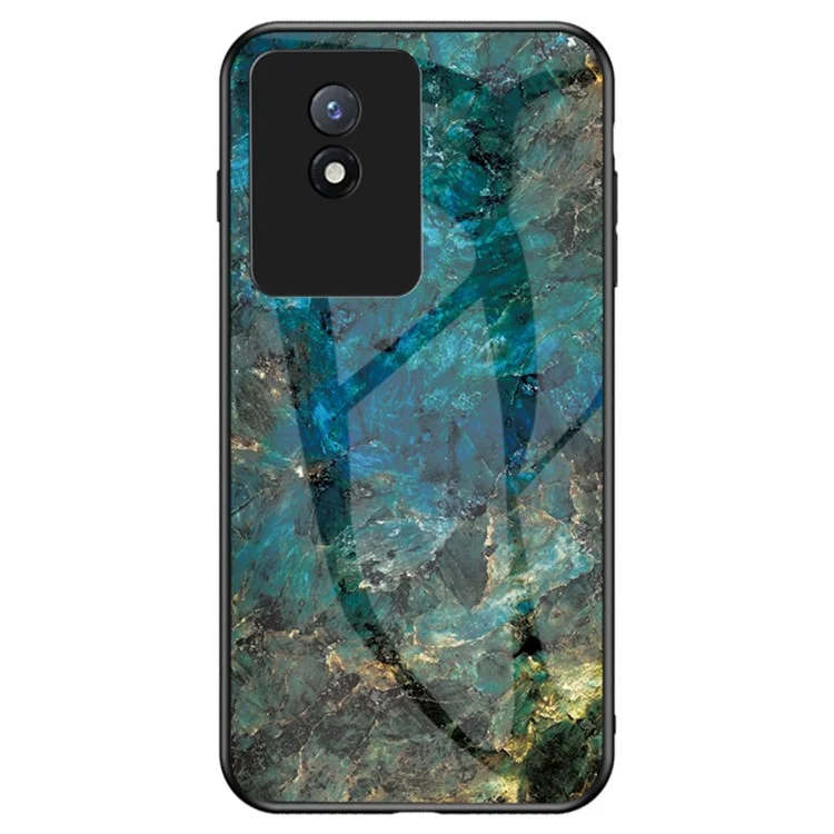 Per vivo Y02 4G Marble Pattern Printing Tempered Glass Phone Back Cover PC + TPU Anti-fall Smartphone Case - Emerald Marble