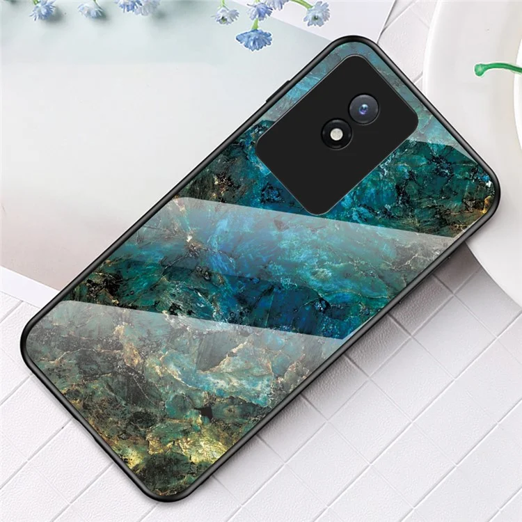 Per vivo Y02 4G Marble Pattern Printing Tempered Glass Phone Back Cover PC + TPU Anti-fall Smartphone Case - Emerald Marble