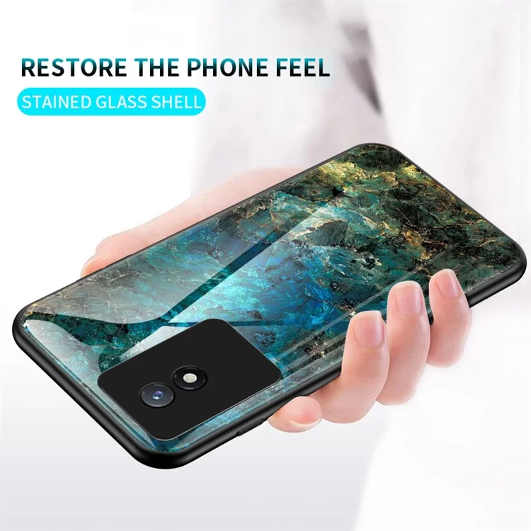 Per vivo Y02 4G Marble Pattern Printing Tempered Glass Phone Back Cover PC + TPU Anti-fall Smartphone Case - Emerald Marble