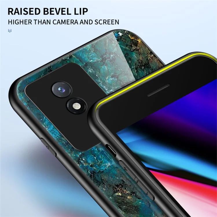 Per vivo Y02 4G Marble Pattern Printing Tempered Glass Phone Back Cover PC + TPU Anti-fall Smartphone Case - Emerald Marble