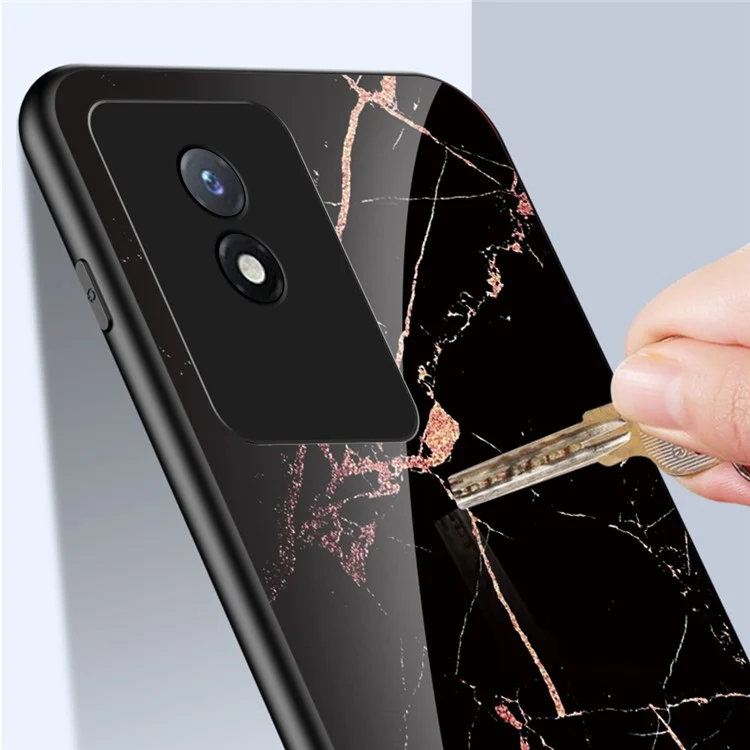 Per vivo Y02 4G Marble Pattern Printing Tempered Glass Phone Back Cover PC + TPU Anti-fall Smartphone Case - Emerald Marble
