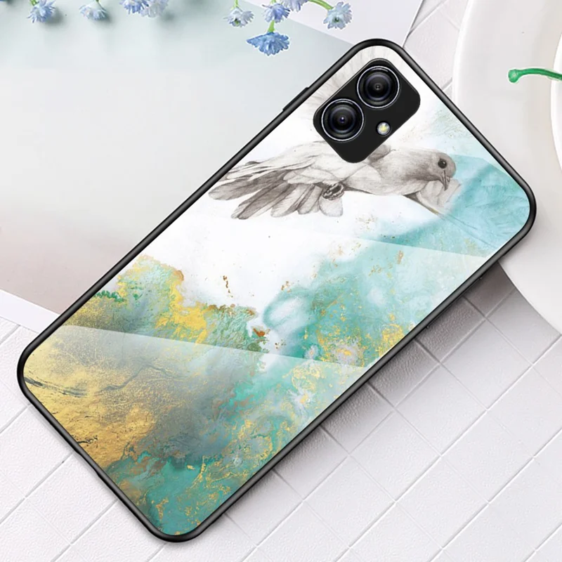 For Samsung Galaxy A04e 4G / F04 4G / M04 4G Marble Pattern Printing Tempered Glass Protective Phone Back Cover PC + TPU Phone Case - Flying Pigeon Marble