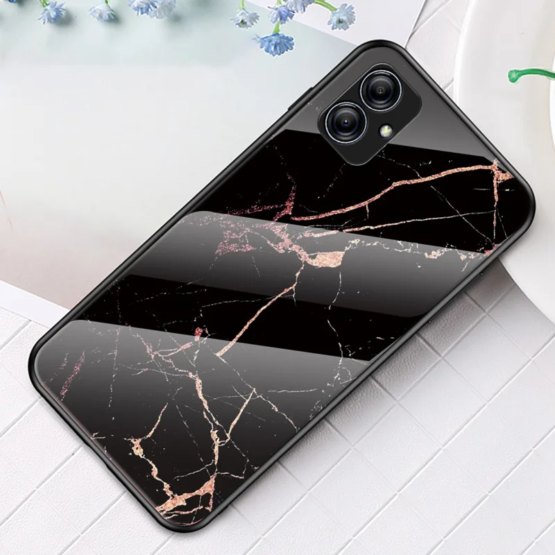 لـ Samsung Galaxy A04e 4G / F04 4G / M04 4G غطاء خلفي للهاتف بطباعة نمط رخامي من الزجاج المقوى، غطاء واقٍ من البولي كربونات + TPU - رخامي ذهبي أسود