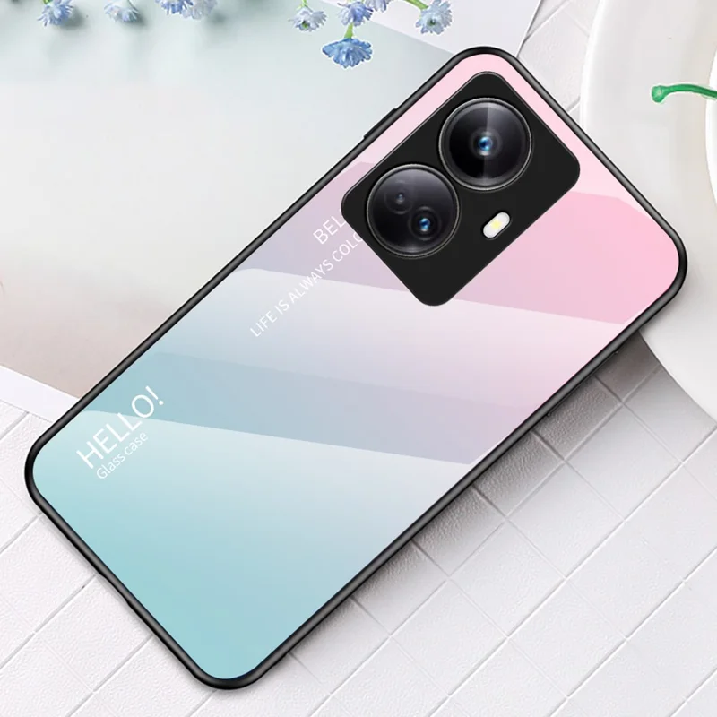 For Realme 10 Pro+ 5G Gradient Color Scratch-resistant Phone Cover Tempered Glass Hard PC Soft TPU Phone Case - Gradient Pink Blue