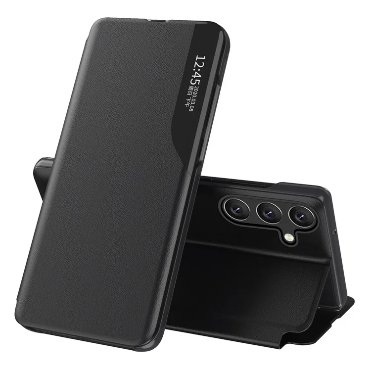 Für Samsung Galaxy A54 5G Handyhülle Klar Fenster Anti-Kratzer Flip Leder Handy Hülle mit Ständer - Schwarz