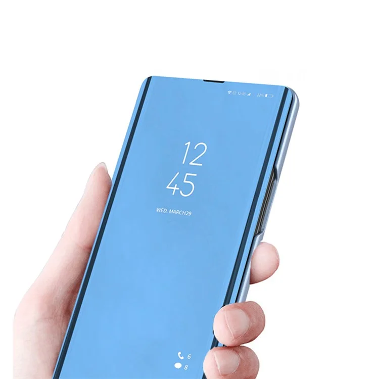 Para Samsung Galaxy A54 5G View Window PU Leather Protective Phone Case Stand Mirror Electroplating Anti-scratch Phone Cover - Sky Blue