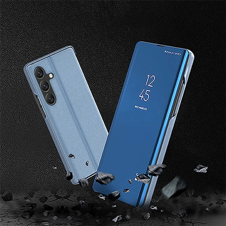 Para Samsung Galaxy A54 5G View Window PU Leather Protective Phone Case Stand Mirror Electroplating Anti-scratch Phone Cover - Sky Blue