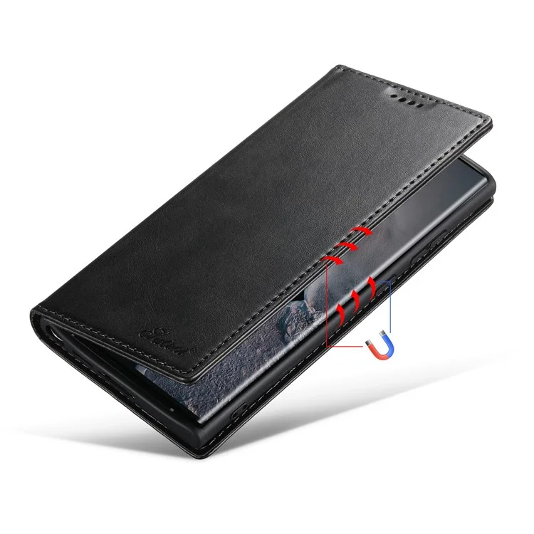 SUTENI Für Samsung Galaxy S23 Ultra Brieftasche Design Gut geschützter Automatischer Verschluss Flip PU Leder+TPU Cover Case mit Ständer - Schwarz