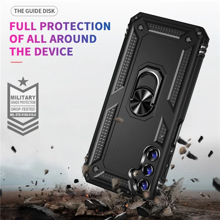 For Samsung Galaxy A14 5G / 4G Military Grade Shockproof Phone Case Ring Kickstand Design PC + TPU Drop-proof Cover - Black