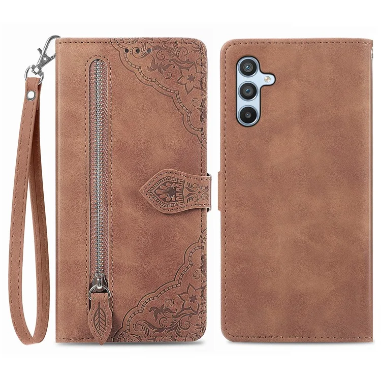Para Samsung Galaxy A54 5G Flower Imprinted Pattern PU Leather Zipper Pocket Case Wallet Stand Phone Cover - Marrón