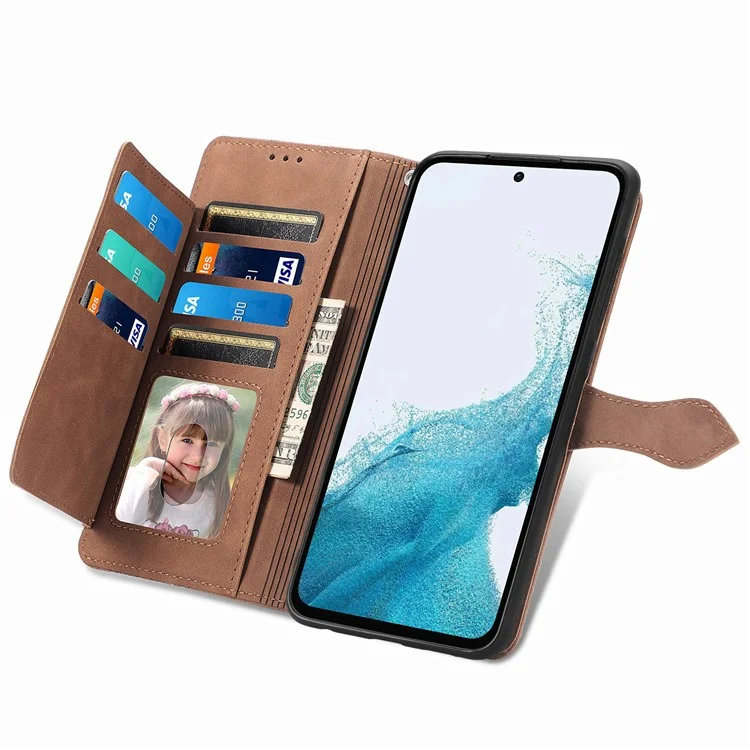 Para Samsung Galaxy A54 5G Flower Imprinted Pattern PU Leather Zipper Pocket Case Wallet Stand Phone Cover - Marrón