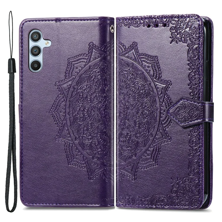 Per Samsung Galaxy A54 5G Custodia portafoglio in pelle PU con motivo mandala in rilievo, chiusura magnetica e tracolla - Viola