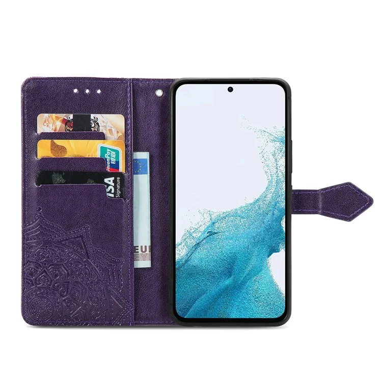 Per Samsung Galaxy A54 5G Custodia portafoglio in pelle PU con motivo mandala in rilievo, chiusura magnetica e tracolla - Viola