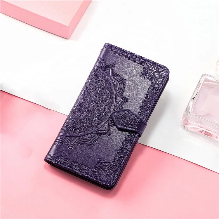 Per Samsung Galaxy A54 5G Custodia portafoglio in pelle PU con motivo mandala in rilievo, chiusura magnetica e tracolla - Viola