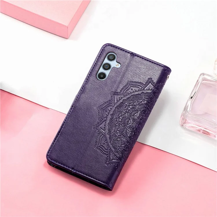 Per Samsung Galaxy A54 5G Custodia portafoglio in pelle PU con motivo mandala in rilievo, chiusura magnetica e tracolla - Viola
