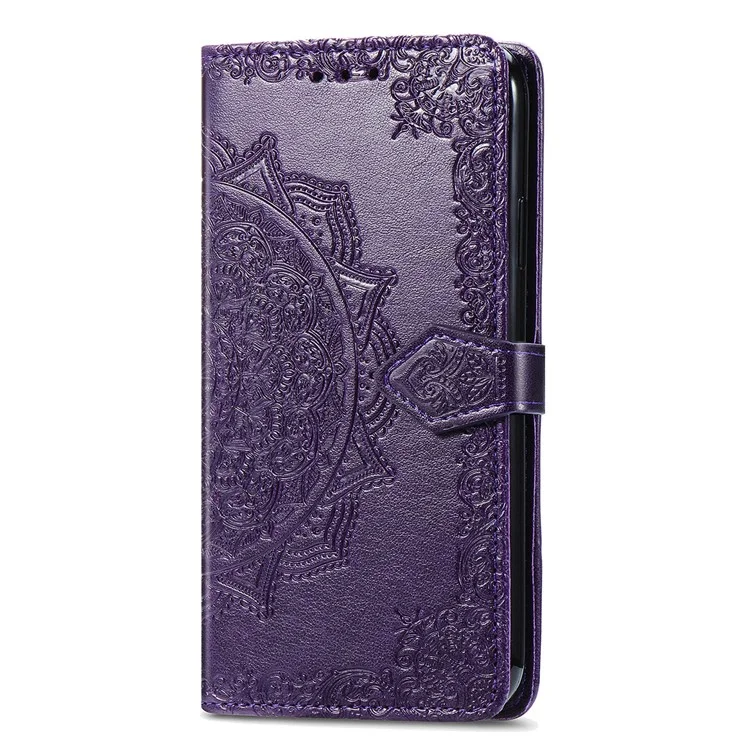 Per Samsung Galaxy A54 5G Custodia portafoglio in pelle PU con motivo mandala in rilievo, chiusura magnetica e tracolla - Viola