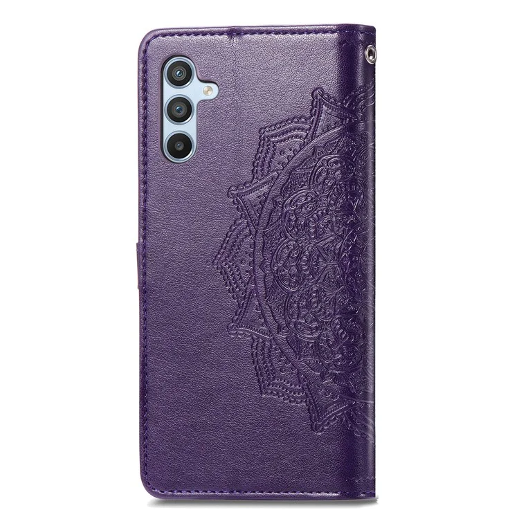 Per Samsung Galaxy A54 5G Custodia portafoglio in pelle PU con motivo mandala in rilievo, chiusura magnetica e tracolla - Viola
