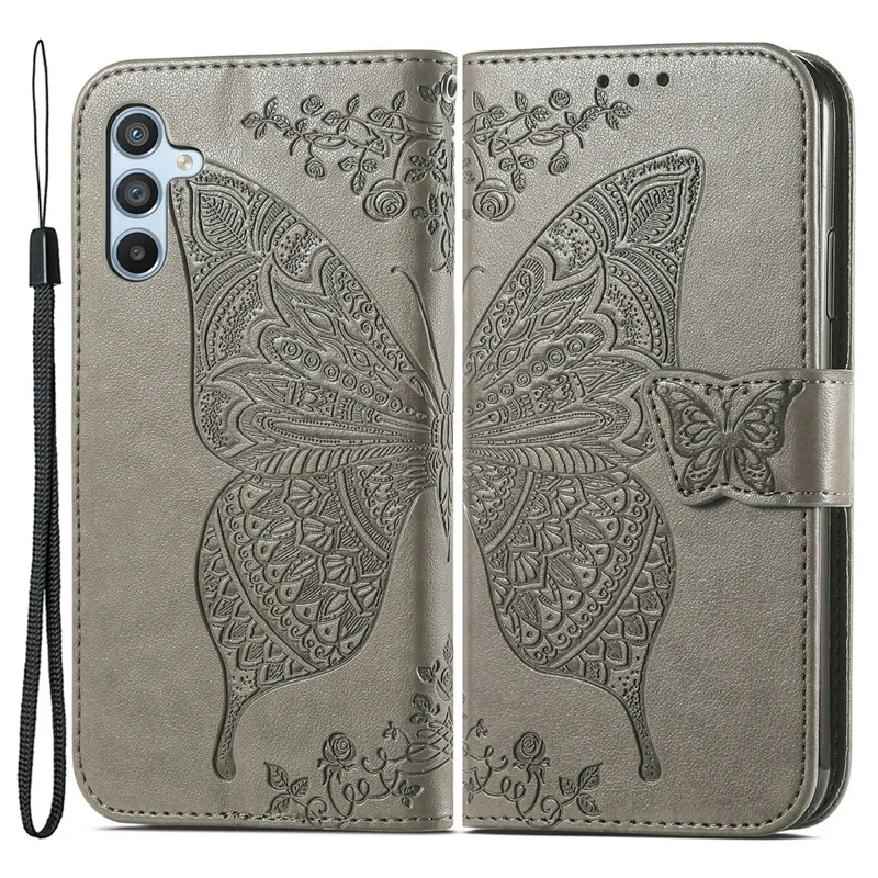 For Samsung Galaxy A54 5G PU Leather Imprinted Butterfly Pattern Phone Case Stand Wallet Folio Flip Cover with Strap - Grey