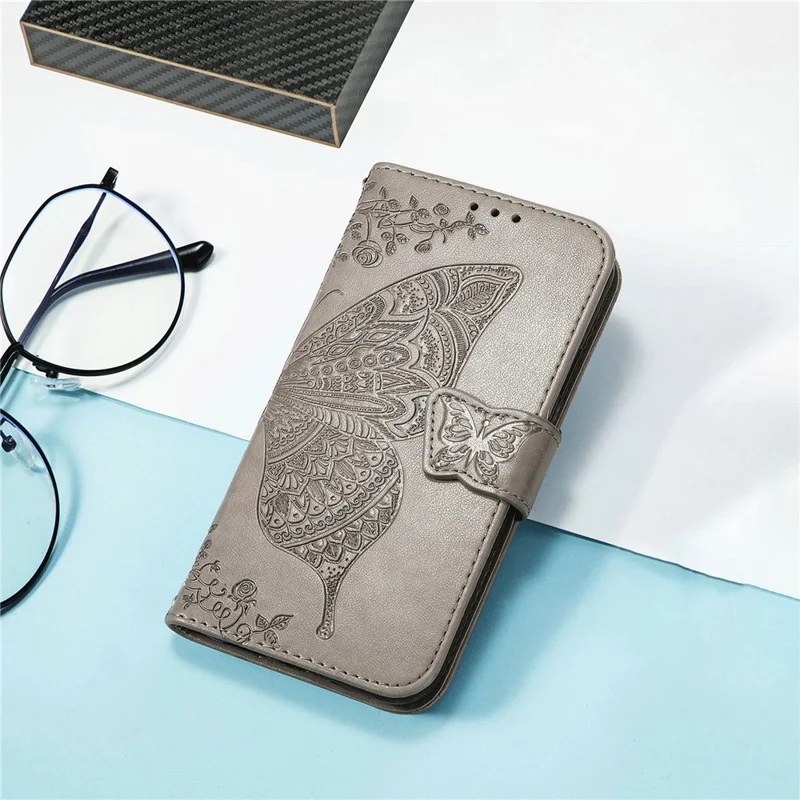 For Samsung Galaxy A54 5G PU Leather Imprinted Butterfly Pattern Phone Case Stand Wallet Folio Flip Cover with Strap - Grey