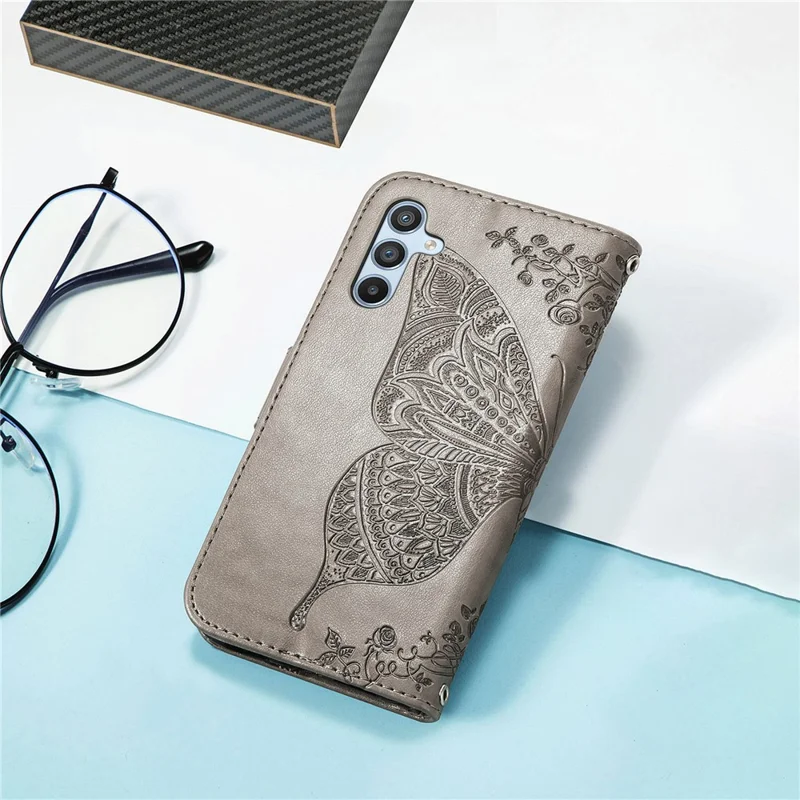 For Samsung Galaxy A54 5G PU Leather Imprinted Butterfly Pattern Phone Case Stand Wallet Folio Flip Cover with Strap - Grey