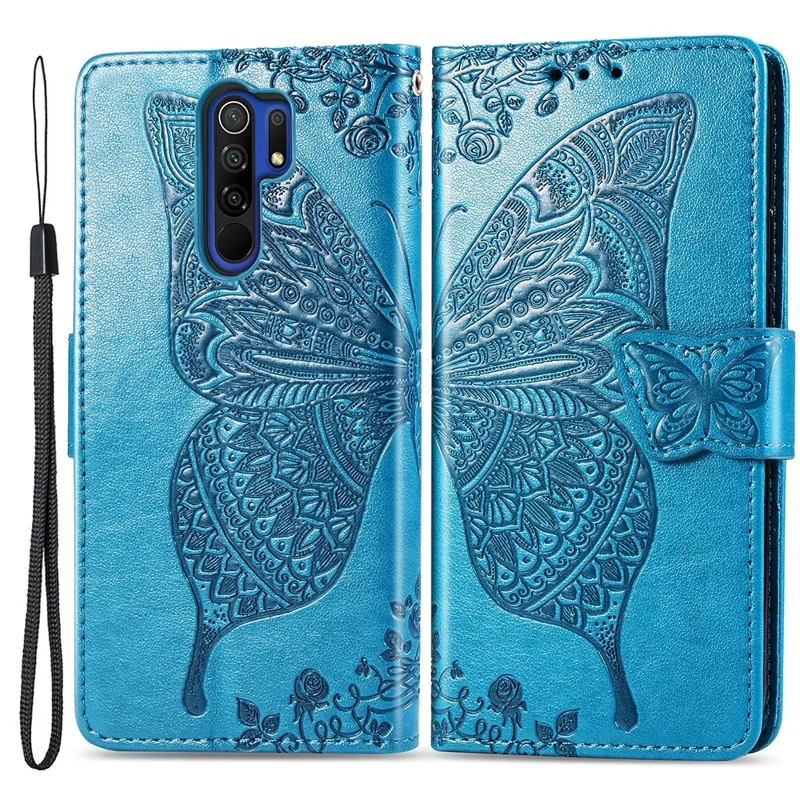 Para Xiaomi Redmi 9 Anti-Scratch PU Leather Magnetic Closure Phone Wallet Cover Imprinted Butterfly Pattern Stand Case - Azul