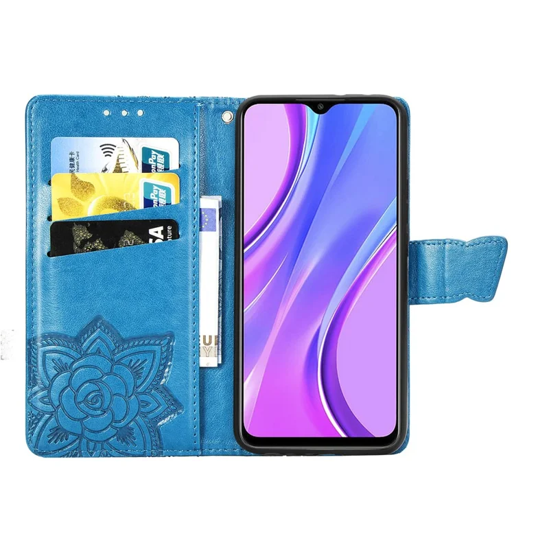 Para Xiaomi Redmi 9 Anti-Scratch PU Leather Magnetic Closure Phone Wallet Cover Imprinted Butterfly Pattern Stand Case - Azul