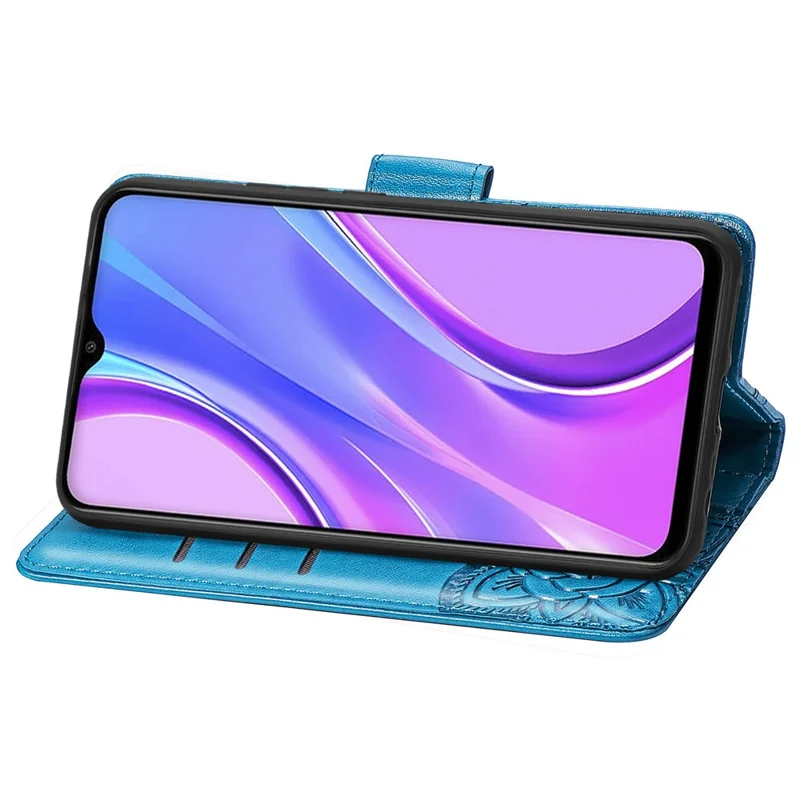 Para Xiaomi Redmi 9 Anti-Scratch PU Leather Magnetic Closure Phone Wallet Cover Imprinted Butterfly Pattern Stand Case - Azul