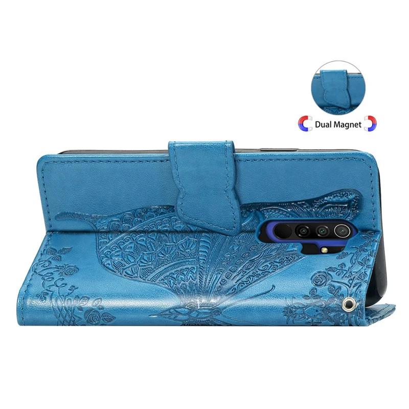 Para Xiaomi Redmi 9 Anti-Scratch PU Leather Magnetic Closure Phone Wallet Cover Imprinted Butterfly Pattern Stand Case - Azul