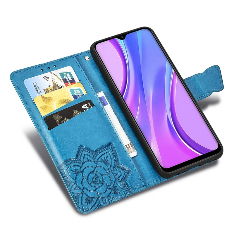 Para Xiaomi Redmi 9 Anti-Scratch PU Leather Magnetic Closure Phone Wallet Cover Imprinted Butterfly Pattern Stand Case - Azul