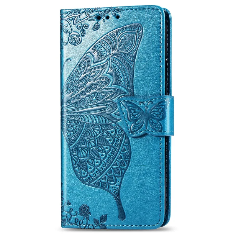 Para Xiaomi Redmi 9 Anti-Scratch PU Leather Magnetic Closure Phone Wallet Cover Imprinted Butterfly Pattern Stand Case - Azul