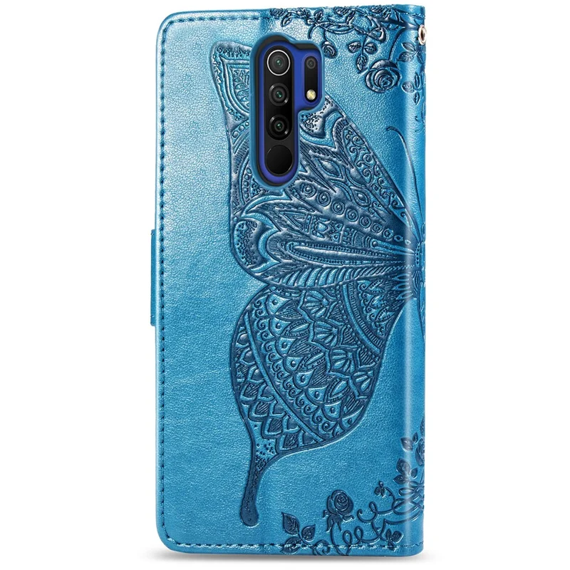 Para Xiaomi Redmi 9 Anti-Scratch PU Leather Magnetic Closure Phone Wallet Cover Imprinted Butterfly Pattern Stand Case - Azul