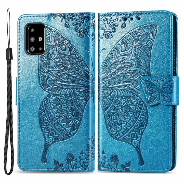 For Samsung Galaxy A51 4G SM-A515 Imprinted Butterfly Pattern Anti-scratch Phone Case PU Leather Stand Wallet Cover with Strap - Blue