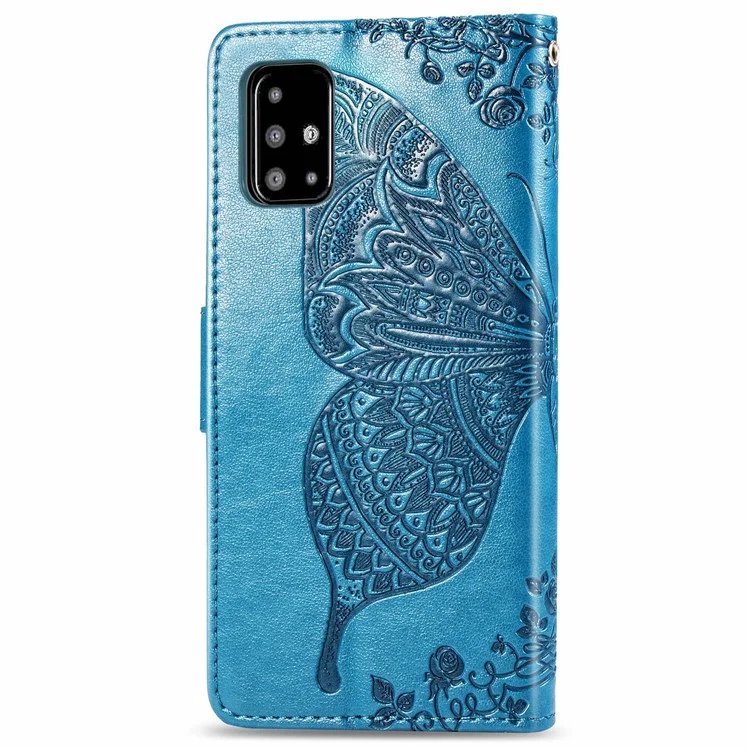For Samsung Galaxy A51 4G SM-A515 Imprinted Butterfly Pattern Anti-scratch Phone Case PU Leather Stand Wallet Cover with Strap - Blue