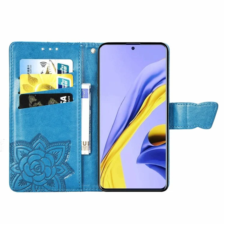 For Samsung Galaxy A51 4G SM-A515 Imprinted Butterfly Pattern Anti-scratch Phone Case PU Leather Stand Wallet Cover with Strap - Blue
