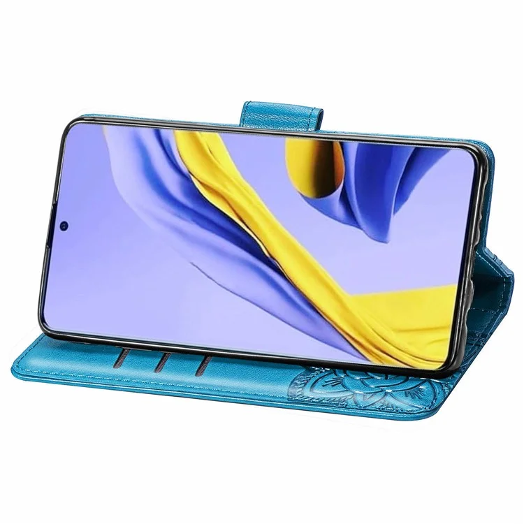 For Samsung Galaxy A51 4G SM-A515 Imprinted Butterfly Pattern Anti-scratch Phone Case PU Leather Stand Wallet Cover with Strap - Blue
