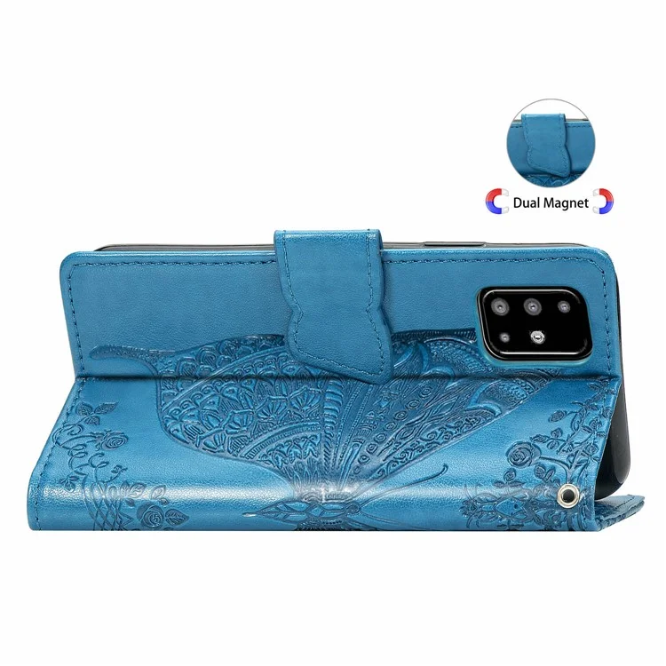 For Samsung Galaxy A51 4G SM-A515 Imprinted Butterfly Pattern Anti-scratch Phone Case PU Leather Stand Wallet Cover with Strap - Blue
