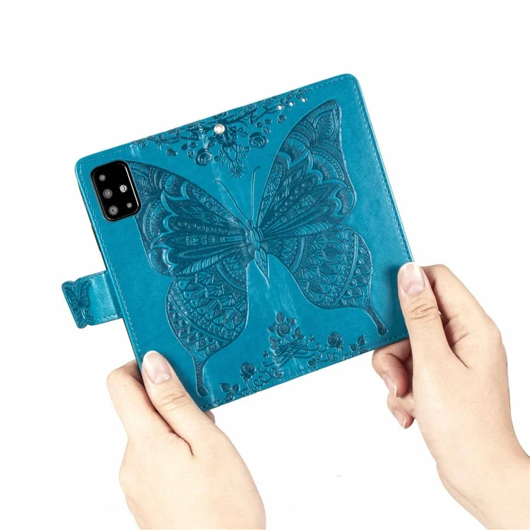 For Samsung Galaxy A51 4G SM-A515 Imprinted Butterfly Pattern Anti-scratch Phone Case PU Leather Stand Wallet Cover with Strap - Blue